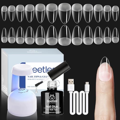 Beetles Gel Nail Kit Easy Nail Extension Set Etch X Nail Tips 504Pcs Short Almond Half Matte with beetles Gel Polish 24Pcs Cat Eye Gel Nail Polish Set, Glitter Blue Pink Purple Green Shimmer