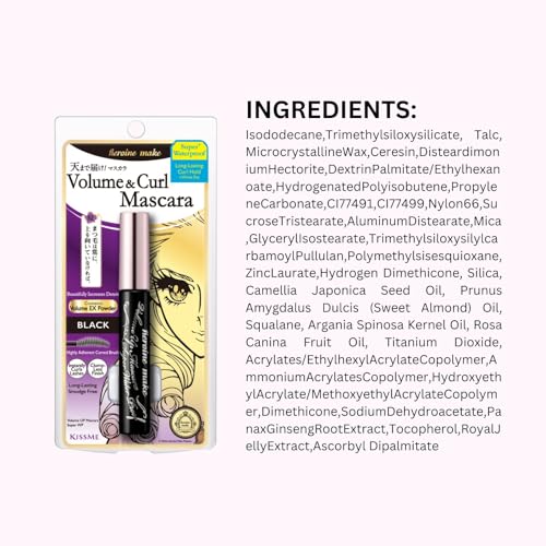 HEROINE MAKE by KISSME Volumizing Waterproof Mascara & Length by Defining Fiber for Long-lasting Natural Eyelash Look | Smudge Proof Mascara & Curvy Brush for Eye Makeup, from Japan, Black, 2 EA