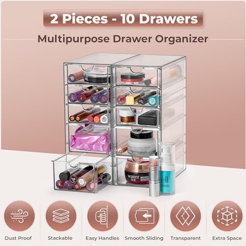 Sorbus Makeup Organizer With 10 Drawers, Acrylic Drawer Organizer for Makeup, Office Organization and Storage, Art Supplies, Jewelry, Stationary - 2 Pcs Clear Stackable Storage Bins Organizer Drawers