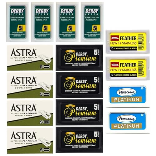 Double Edge Safety Razor Blades Sampler Pack for Men-Includes 4 Top Global Brands: Feather Astra Personna Derby-Comfortable Shaving ?Fits All Double Edge Safety Razors (100)