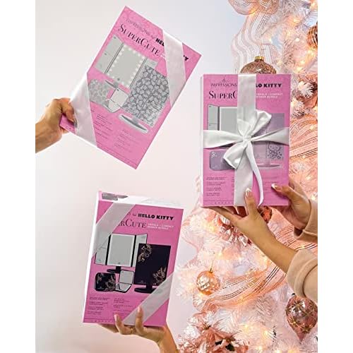 Impressions Vanity Hello Kitty Lighted Makeup Mirrors Bundle, Supercute Trifold and Compact Mirror with LED Lights, Magnification, Touch Screen, Travel Accessories Portable Hand Mirror (Pink)
