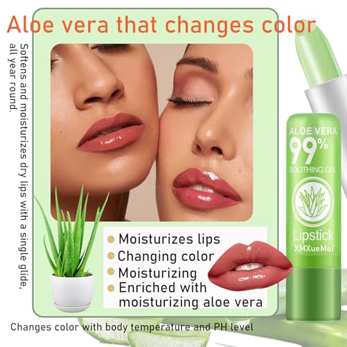 4PCS Aloe Vera Lipstick,Color Changing Lipstick,Moisturizing Magic PH Jelly Lipstick Set for Women,Tinted Lip Balm Long Lasting Waterproof Color Change Lip Gloss Makeup