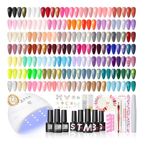 Coscelia 73pc Gel Nail Polish Kit with U V light, 60 Bottles Gel Nail Polish Soak off Top Base Coat Spring Colors Enchantment Collection Glitter Nail Rhinestones Gel Manicure Kit Gifts