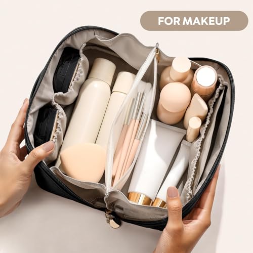 mibasies Flat Lay Open Travel Makeup Bag, Dual-Zipper Diagonal Cosmetic Bag, Large Capacity Waterproof Toiletry Bag for Women