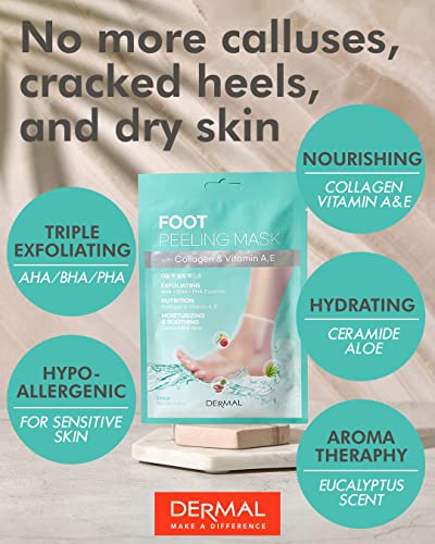 DERMAL KOREA Foot Peeling Mask 3 Pack For Dry Foot And Cracked Heel & Callus With Aloe Vera And Collagen - Exfoliating Peel Mask With Aha, Bha, & Pha And For Moisturizing, Soothing & Refreshing Feet