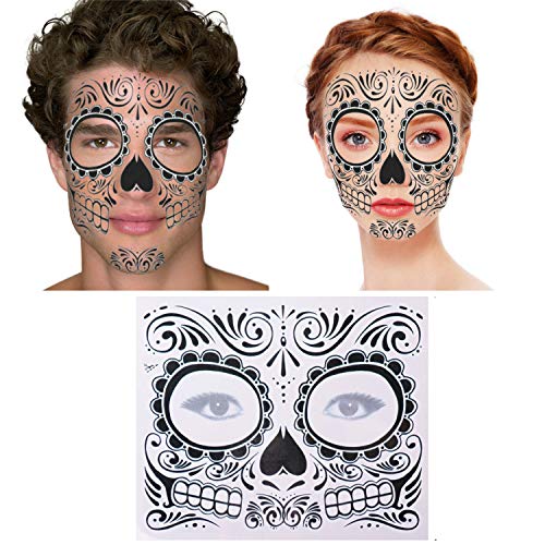 4 Pack Day of The Dead Sugar Skull Face Temporary Tattoo Halloween Makeup Tattoo Stickers for Halloween Masquerade Party(Floral, Red Roses,Black and Floral Skeleton)