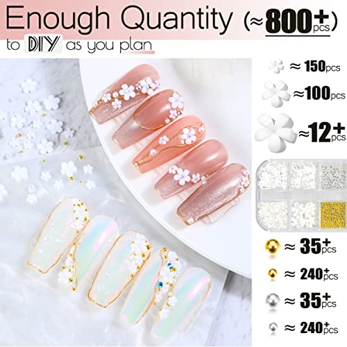 3D Flowers for Nails, 850pcs Nail Art Kit, Multi Design White/ Aurora Rose Nail Flower Charms, Crystal Nail Glitter Decals, Resin Flower Nail Decoration, 2 Sizes Golden Silver Beads for DIY Manicures