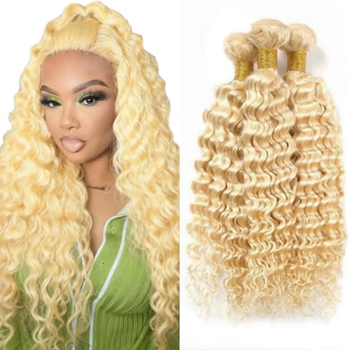 613 Blonde Deep Wave Human Hair Bundles - 3 Pack, 24-28 Inch