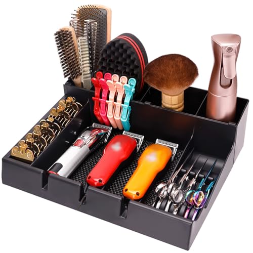 FRCOLOR Clipper Organizer for Barber with Multi-Compartment Push-Cut Storage Box and Clipper Guard Holder Salon Station Haircut Tools Keeper 15X12X4 Inches