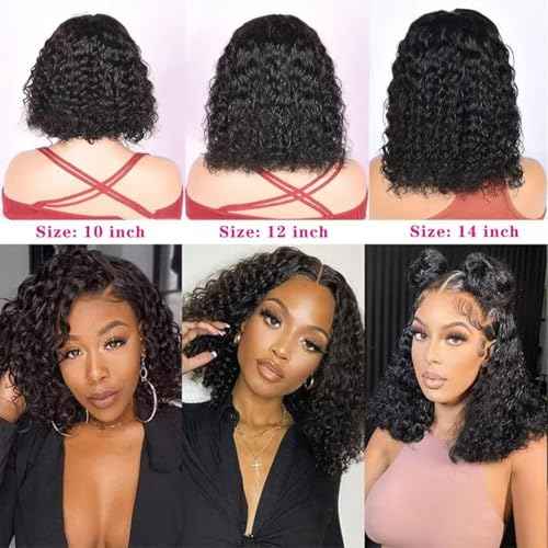 Wear And Go Glueless Wigs Human Hair Pre Plucked Pre Cut Short Curly Human Hair Wigs For Black Women 180% Density Water Wave Lace Front Wigs 4x4 Lace Closure Wig 12 Inch Natural Black