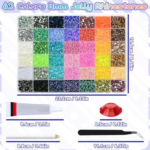 42-Color Jelly Rhinestones Kit with Glue – 34,000pcs 3mm AB Coated Gems for Nails, Crafts, Diamond Painting