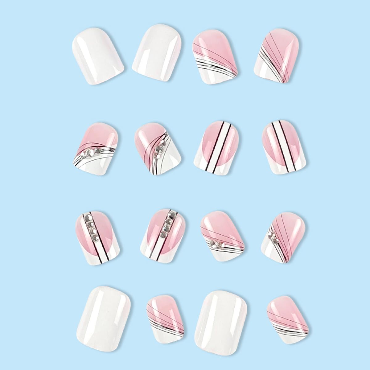 Square Press on Nails Medium, French Line Fake Nails with Rhinestones Design Glossy Acrylic False Nails,Artificial Nails for Women and Girls 24pcs