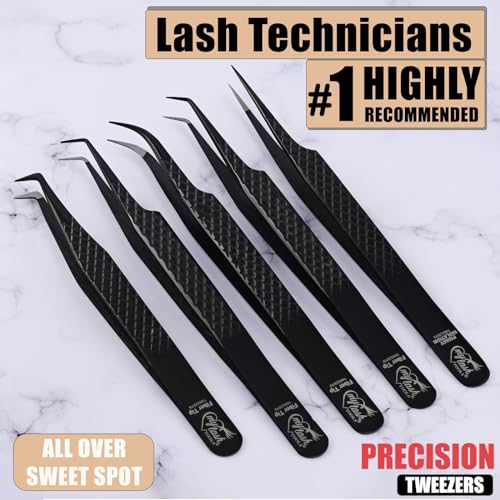 My Lash Tools 5Pcs Lash Tweezers Set for Eyelash Extension Precision Fiber Tip Lash Tweezers for Eyelash Extensions Curved, Mega Volume Boot & isolation tweezers for women Stainless Steel Tweezers