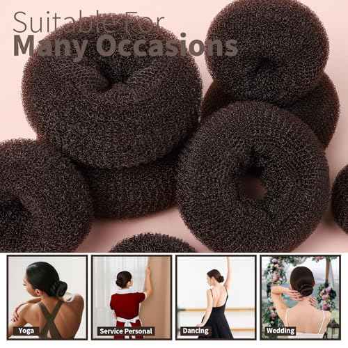 FANDAMEI Hair Bun Maker Set- 8 PCS Hair Donuts for Buns (2 Extra-large,2 Large,2 Medium and 2 Small), 40 PCS Bobby Pins, 5 PCS Hair Elastic Ties Black,Bun Maker - Brown