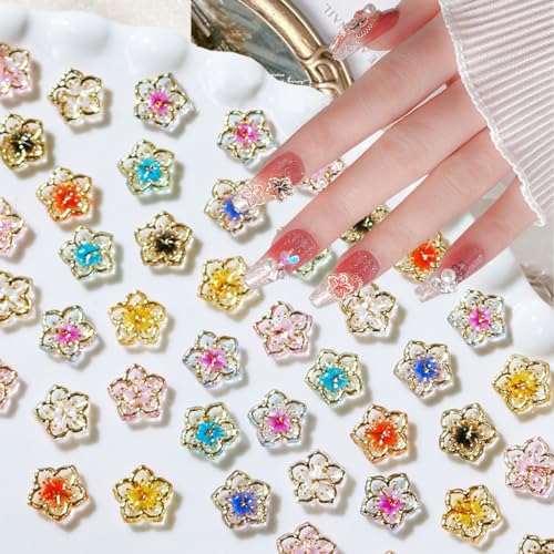 50Pcs Flower Nail Charms 3D Lovely Flower Charms Nail Rhinestones Gold Edge Glaze Design Resin Nail Jewels Colorful Floral Nail Art Charms Supplies Cherry Blossom Petals Nail Gems for Acrylic Nails