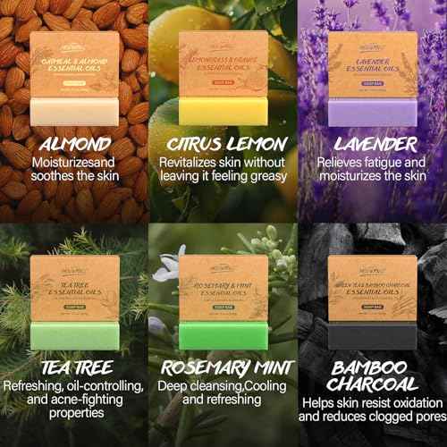 Natural Bar Soap Set for Men Women 6pcs Organic Soap with Plant Extracts for Body Face Hand Christmas Birthday Thanksgiving Mother's Day Gifts Tea Tree Almond Lemon Lavender Bamboo Charcoal Mint
