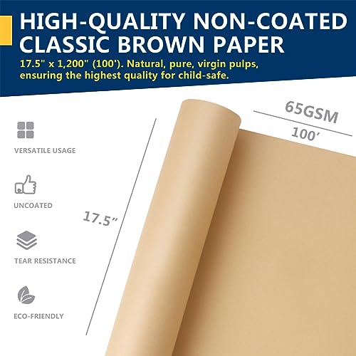 PerkHomy Brown Kraft Paper Roll 17.5x100 Inches for Gift Wrapping & Crafts, 70GSM 50LB