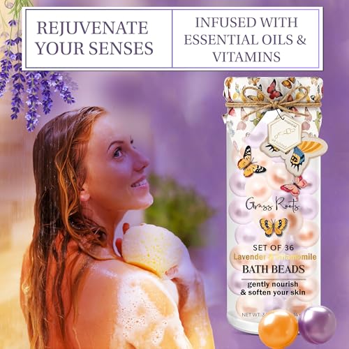 Grass Roots Bath Oil Beads Set of 36 - Lavender & Chamomile Scented Bath Beads - Essential Oil Soaked Pearls to Gently Nourish & Soften Skin - Luxurious Bath Experience