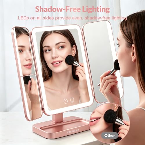 EASEHOLD Rose Gold Rechargeable Lighted Makeup Vanity Mirror with 116 LEDs & Magnification