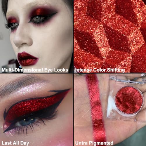 DE'LANCI DE¡¯LANCI Chameleon Red Glitter Eyeshadow Highly Pigmented, Single Metallic Glitter Red Eye Shadow Palette Intense Color Shifting, Chrome True Red Shimmery Glitter Eyes Warm Goth Smoky Makeup
