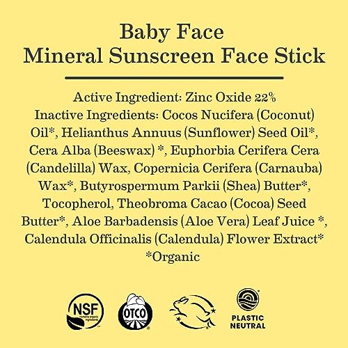 Earth Mama Baby Face Mineral Sunscreen Stick SPF 40 | Reef Safe, Non-Nano Zinc, Contains Organic Cocoa Butter & Aloe | Babies, Kids & Family 0.74-Ounce