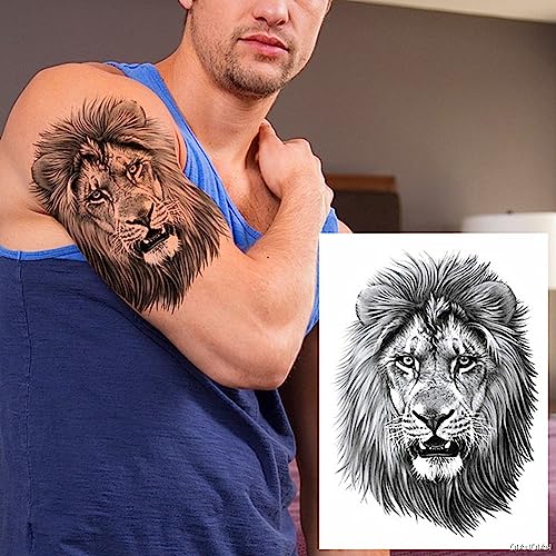 2 Sheets Realistic Animal Temporary Tattoos Stickers Sketch Lifelike Lion Roar Designs For Men Waterproof Arm Leg Fake Body Art, Gym & Parties Bold Masculine Decals