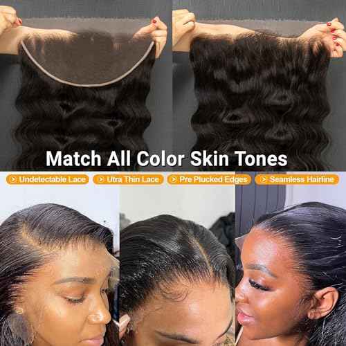 KRN 13X6 Real HD Lace Frontal Body Wave, 0.10 mm Ultra-Thin Invisible Lace HD Frontal 13x6 Human Hair 12A Brazilian Virgin Hair Single Knot Pre-Plucked with Baby Hair 16 Inch