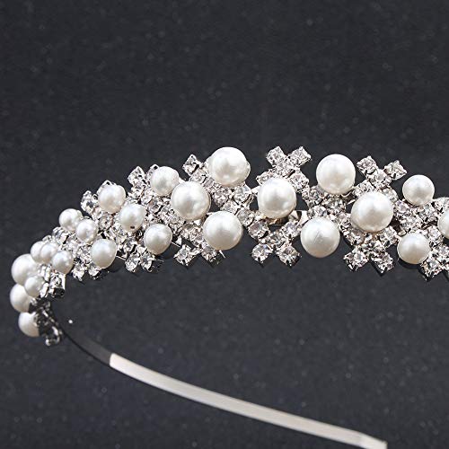 Cezesuja Wedding Rhinestone Headband, Crystal and Faux Pearl Crown for Bride Bridesmaids Tiara Hairband Simple Design Daily hair accessories (Silver B)