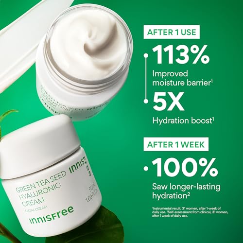 innisfree Green Tea Seed Hyaluronic Acid Cream with Skin Barrier Boosting Complex & Ceramide, Hydrating Korean Face Moisturizer Available in Sets & Jumbo