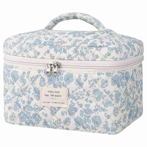 Large Makeup Bag, Cute Cosmetic Bag for Women Girls Floral Coquette Aesthetic Toiletry Bag Travel Make Up Organizer Bag (Blue)