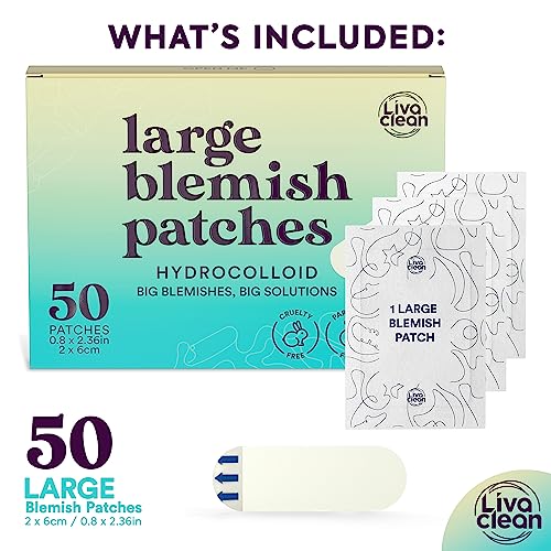 LivaClean 50CT Large Hydrocolloid Acne Patches - for Pore Spots Nose Face Cystic Pimple Zit Patch - Big Pimple Patches Hydrocolloid Bandages Strips Stickers Pimple Patch XL Large Acne Patch Large