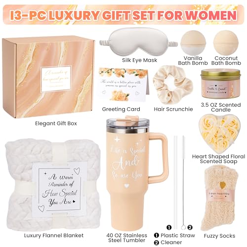 Vanilla Coconut Spa Gift Basket for Women - Tova's Creations, 13-Piece with Tumbler & Blanket - Tan / Vanilla Coconut