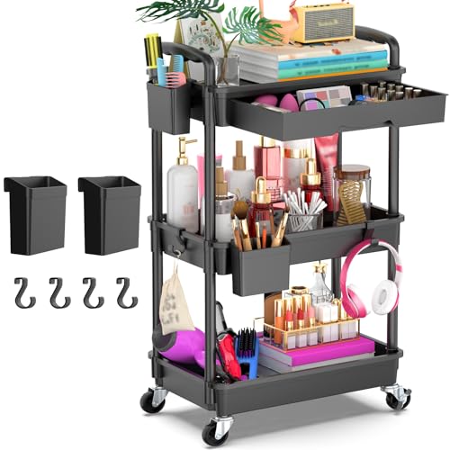 Goovilla Black 3-Tier Rolling Utility Cart with Removable Drawer