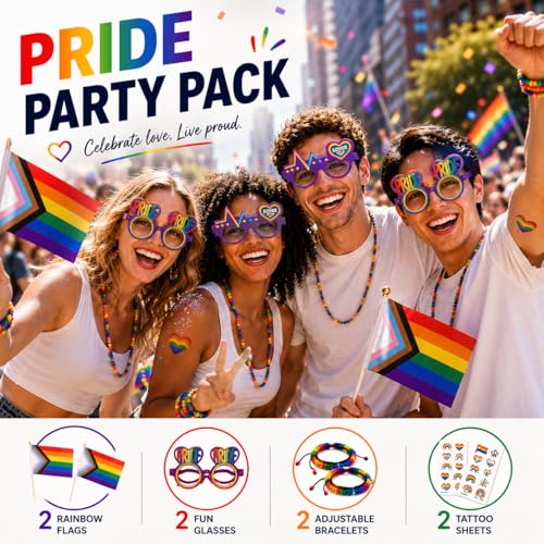Pride Party Kit: 2 Glasses, Rainbow Flags, Bracelets & Tattoos