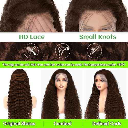 30 Inch Chocolate Brown Deep Wave Lace Front Wigs Human Hair 200 Density 13x6 HD Lace Frontal Wigs Wet and Wavy Curly Brown Color Human Hair Glueless Wig For Women Pre Plucked