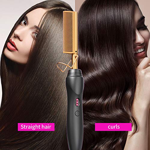 BudiGl Gold Ceramic Hot Comb Hair Straightener & Curling Pressing Comb for All Hair Types