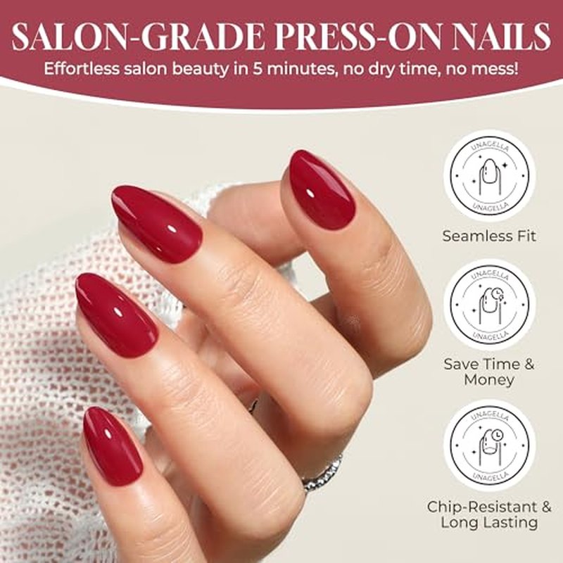 UNA GELLA Red Almond Press On Nails Kit - 32 Reusable Soft Gel Nails