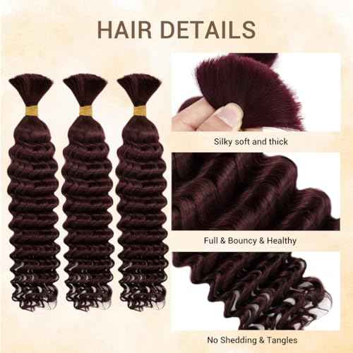 Human Braiding Hair for Boho Knotless Braids 3 Bundles 16 Inches 120g Deep Wave Bulk Human Hair for Braiding Hair Wet and Wavy 10A Brazilian Virgin Human Bohemian Hair for Braiding 99J