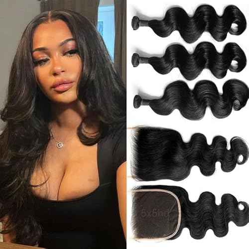 KRN Body Wave Bundles with Closure Human Hair, Real 5x5 HD Lace Closure with Bundles (12 14 16+10 Inch) 12A Unprocessed Brazilian Virgin Human Hair Bundles with Closure Natural Color Thick Full End