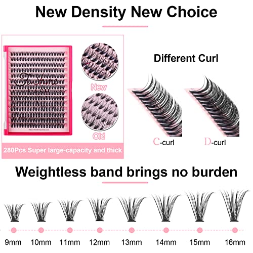Fenshine Cluster Eyelash Extensions, 280pcs 40D, 0.07 D Curl 13mm Natural False Eyelashes, Soft Individual Lashes DIY Extension