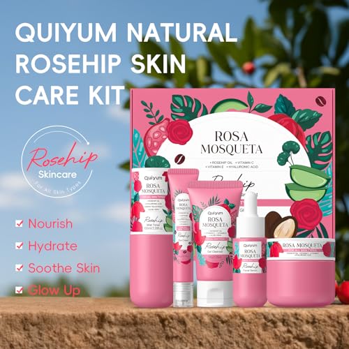 Skin Care Set, with Natural Rosehip Oil, Vit-C & E Skincare Kits 5 Pcs- Restore Skin Elasticity, Refine Texture, Even Tone, Moisturizing, Glowing, for All Skin Types, Mother's Day Birthday Gift
