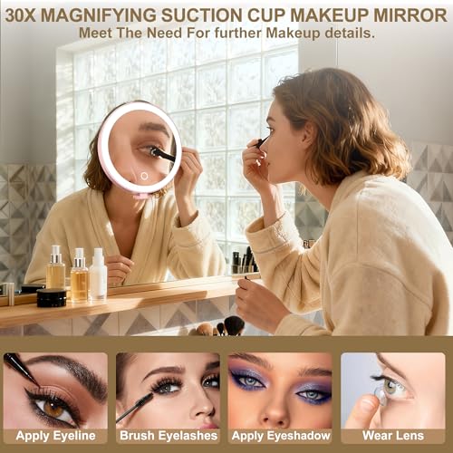 Mocado 30X Magnifying Lighted Makeup Mirror - Rose Gold, 6" Large Surface, Suction Cup
