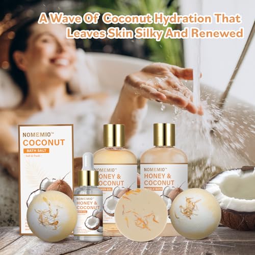 Valentine's Day Gift Baskets, Spa Gift Basket for Women, 11pcs Honey & Coconut Luxury Bath Gift Set, Spa Kit with Shower Gel, Bubble Bath, Bath Bombs , Beauty Gifts for Her, Women, Mom Birthday