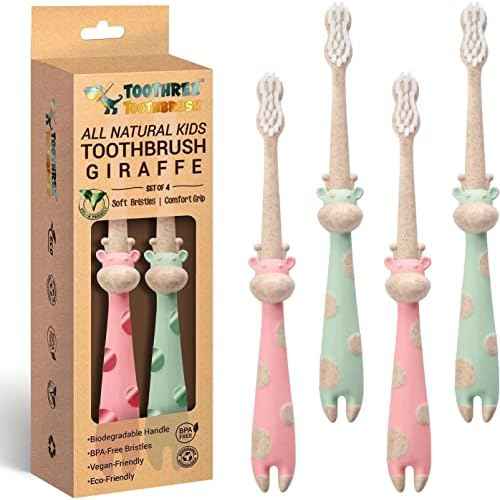 ROARex¢ç All-Natural Eco Friendly Kids Toothbrush Made from Plants - Giraffe 4-36m - Baby to Toddler - Mint/Rose - 4pk | 1% for The Planet Product