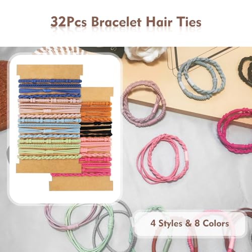 32Pcs Boho Bracelet Hair Ties, No Damage Elastic Bracelets, Brownsoft Hair Ties Accessories for Girls and Women Cute Bands for Thick or Thin Hair