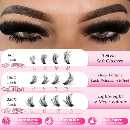 Thick Lash Clusters 14-20MM Volume Lash Extension 80D+180D+280D Eyelash Clusters 3 Styles Individual Lashes 280pcs Eyelash Extensions D Curly Lash Extension DIY at Home by Anforlin
