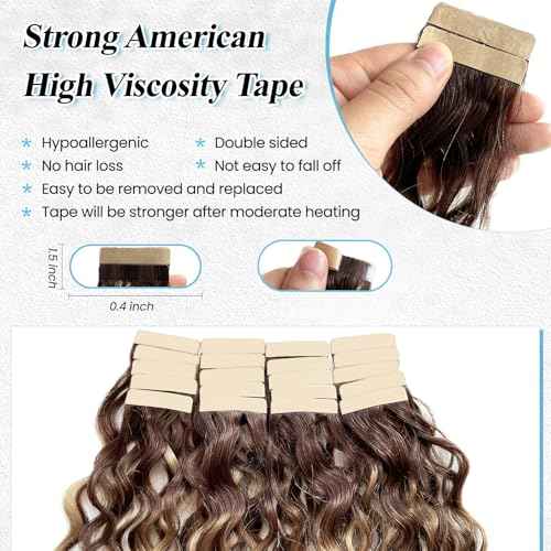 Highlights Tape in Hair Extensions Human Hair for Black Women Water Wave Tape in Extensions Human Hair 18¡± Loose Curly Ombre Chocolate Brown to Honey Blonde Highlights Real Remy Skin Weft Extension