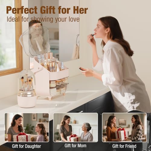 Makeup Organizer Countertop & 360¡Æ Rotating Makeup Brush Holder, Skincare Holder with Lid and Drawers, Storage Box Cosmetic Display Cases, Teen Girl Gifts, Vanity, Bathroom Counter, Pink