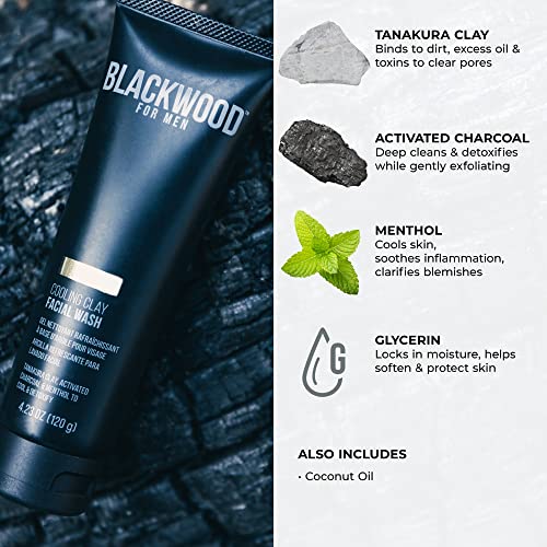 Blackwood For Men Cooling Clay Face Wash - Activated Charcoal, Menthol, & Tanakura Clay Cleanser & Mask for Deep Cleansing & Acne Treatment - Sulfate Free, Paraben Free, & Cruelty Free (7.41 oz)