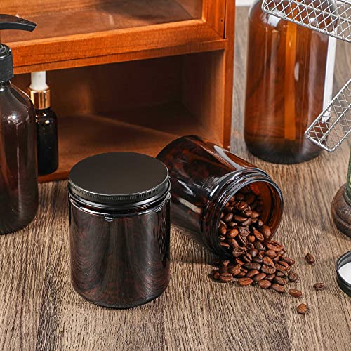 Lallisa 32 Pcs 8 oz Amber Glass Jars with Black Lids Round Glass Cosmetic Jars with Lids Empty Amber Containers Refillable Food Storage Containers for Spice Powder Liquid Sample Makeup